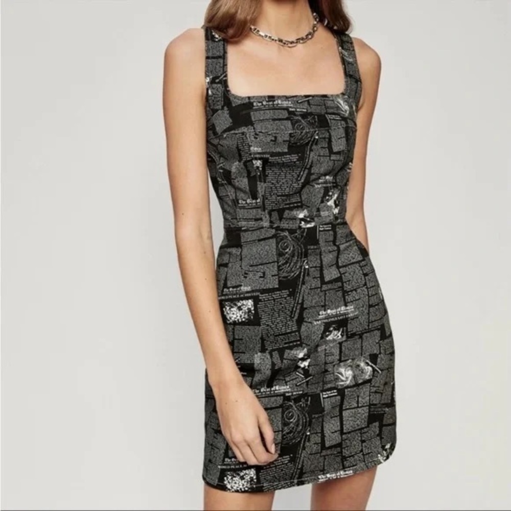 Reformation Davies Style Zine Bustier Denim Mini Dress in Newsprint size 0